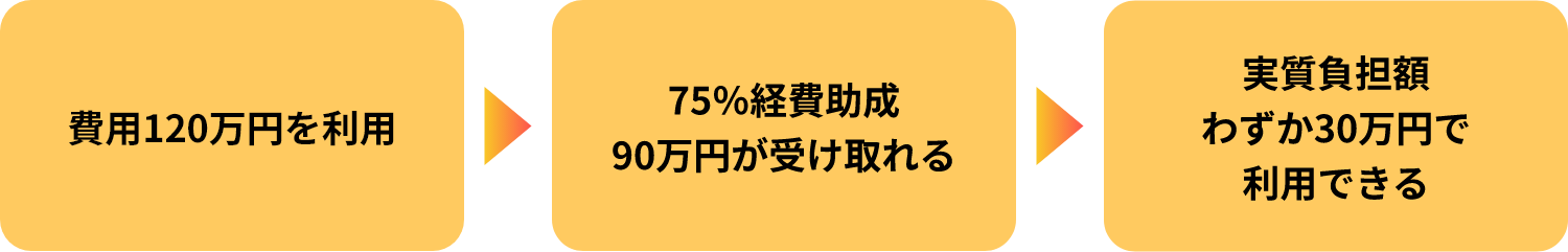 費用120万円を利用＞75％経費助成 90万円が受け取れる＞実質負担額わずか30万円で利用できる